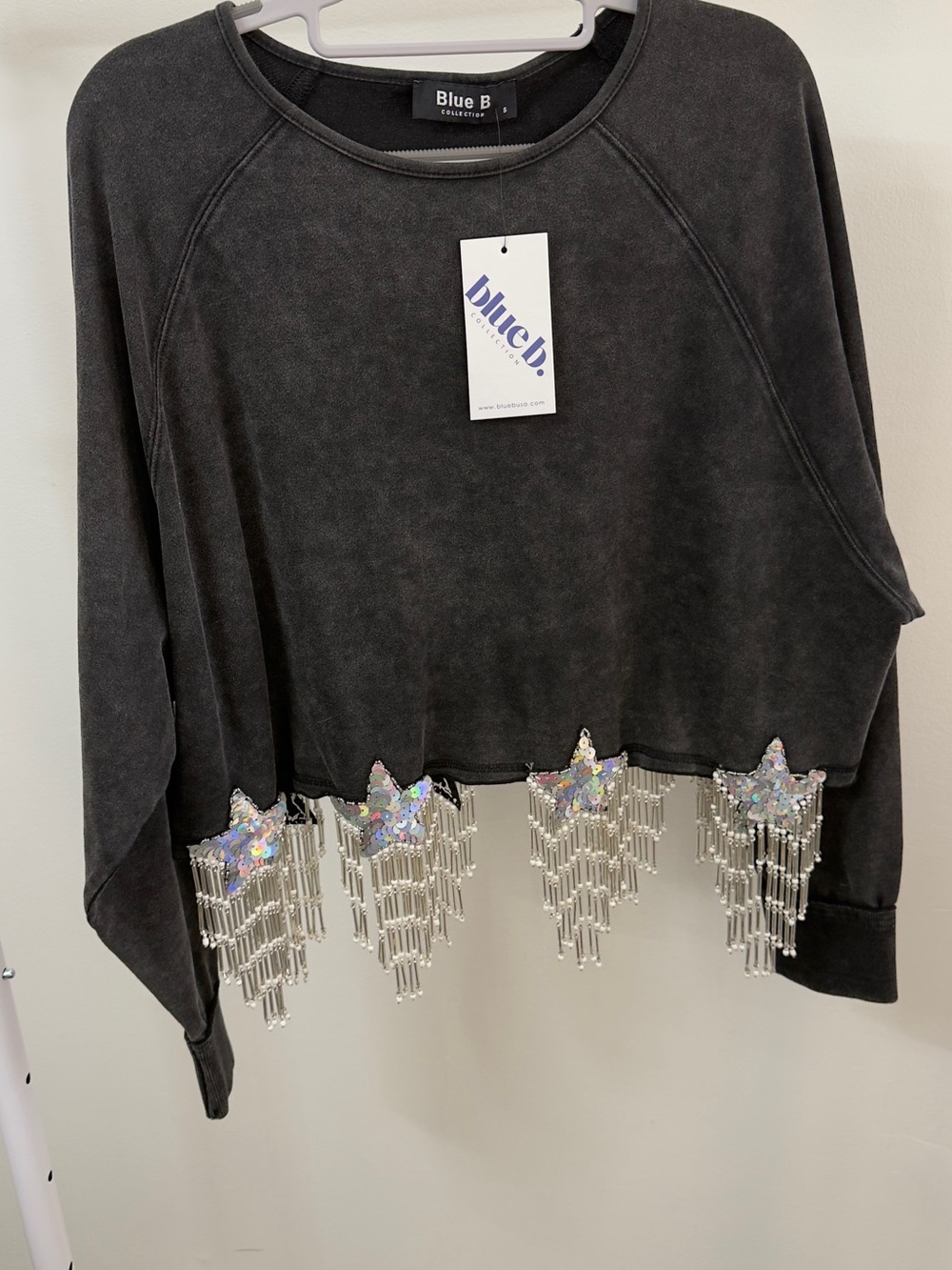 Blue B Collection Rhinestone Fringe Star Cropped Sweatshirt Charcoal Size S
